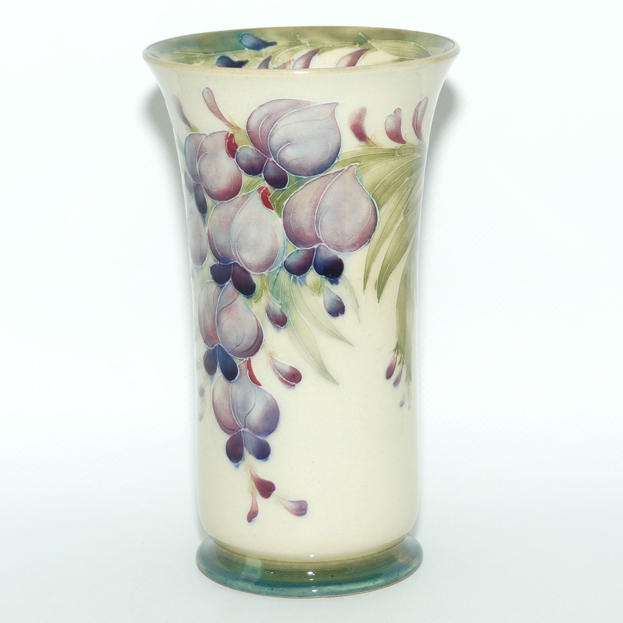 James MacIntyre & Co William Moorcroft Wisteria on White Ground trumpet vase with Inner Rim decoration