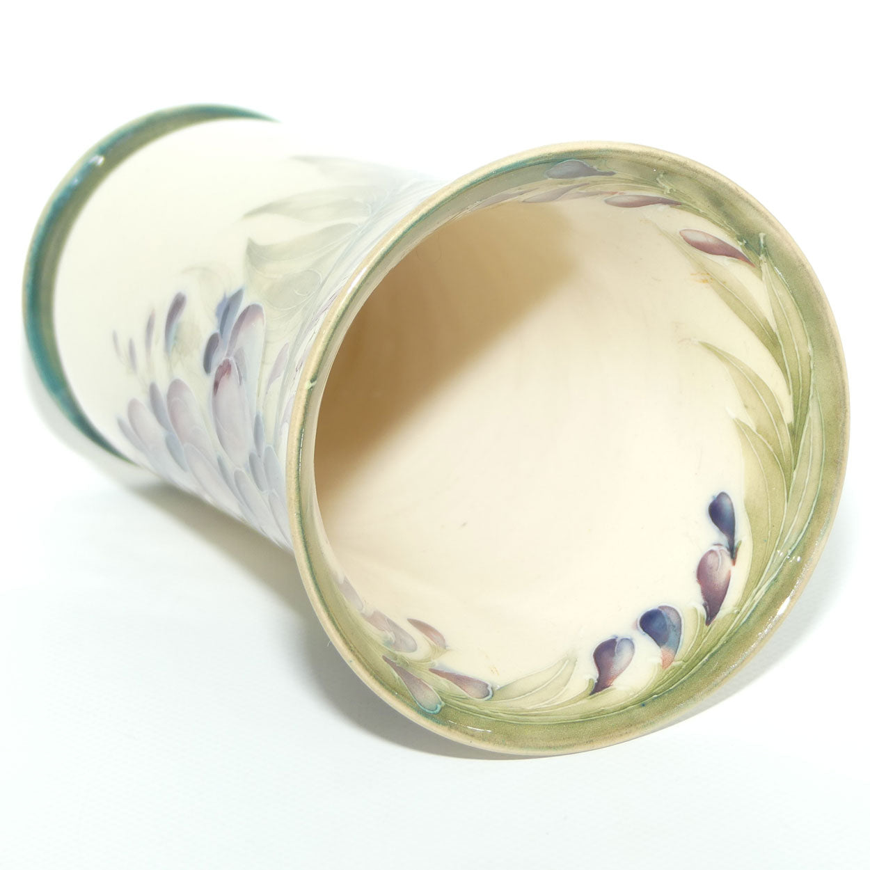 James MacIntyre & Co William Moorcroft Wisteria on White Ground trumpet vase with Inner Rim decoration