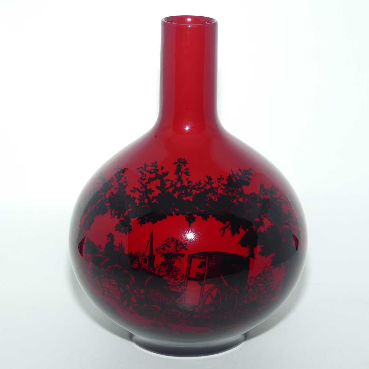 Royal Doulton Flambe Woodcut 1618 Coach Scene onion shape vase