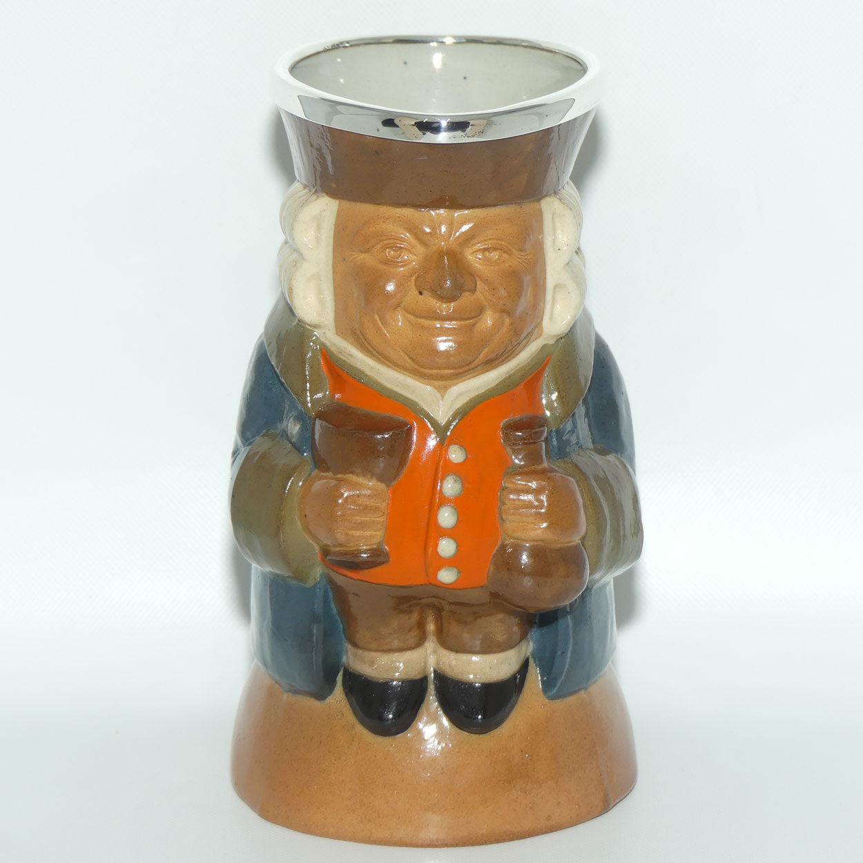 X8572 Royal Doulton Lambeth Harry Simeon The Standing Man Medium toby | Smiling Face, Orange Waistcoat, Blue Jacket | Silver Rim