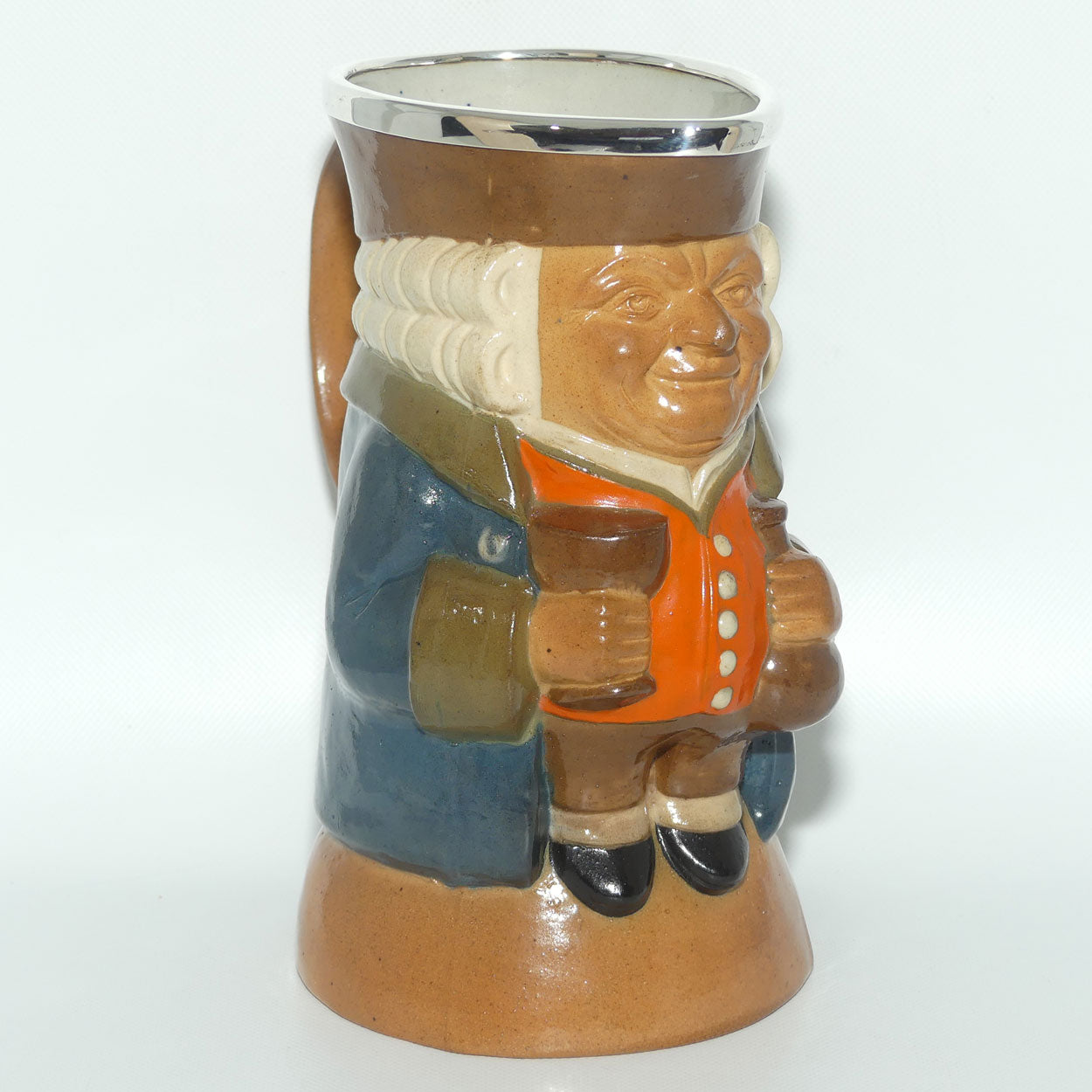 X8572 Royal Doulton Lambeth Harry Simeon The Standing Man Medium toby | Smiling Face, Orange Waistcoat, Blue Jacket | Silver Rim