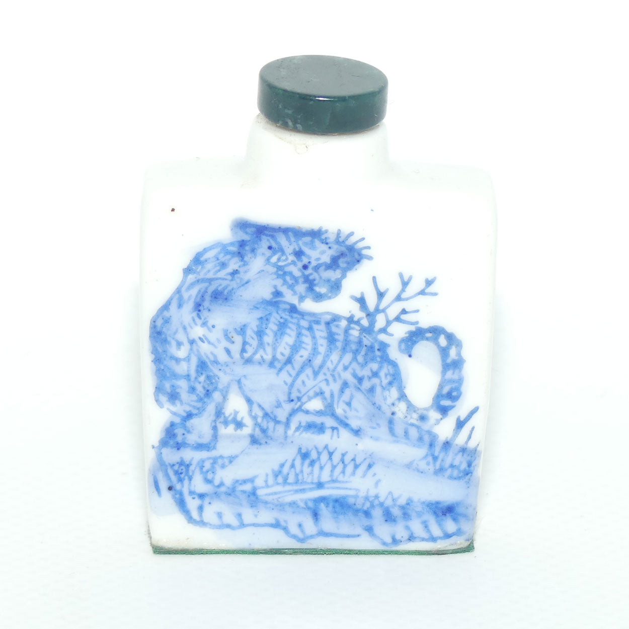 Chinese square shape snuff bottle with greenstone stopper | Tiger Scene