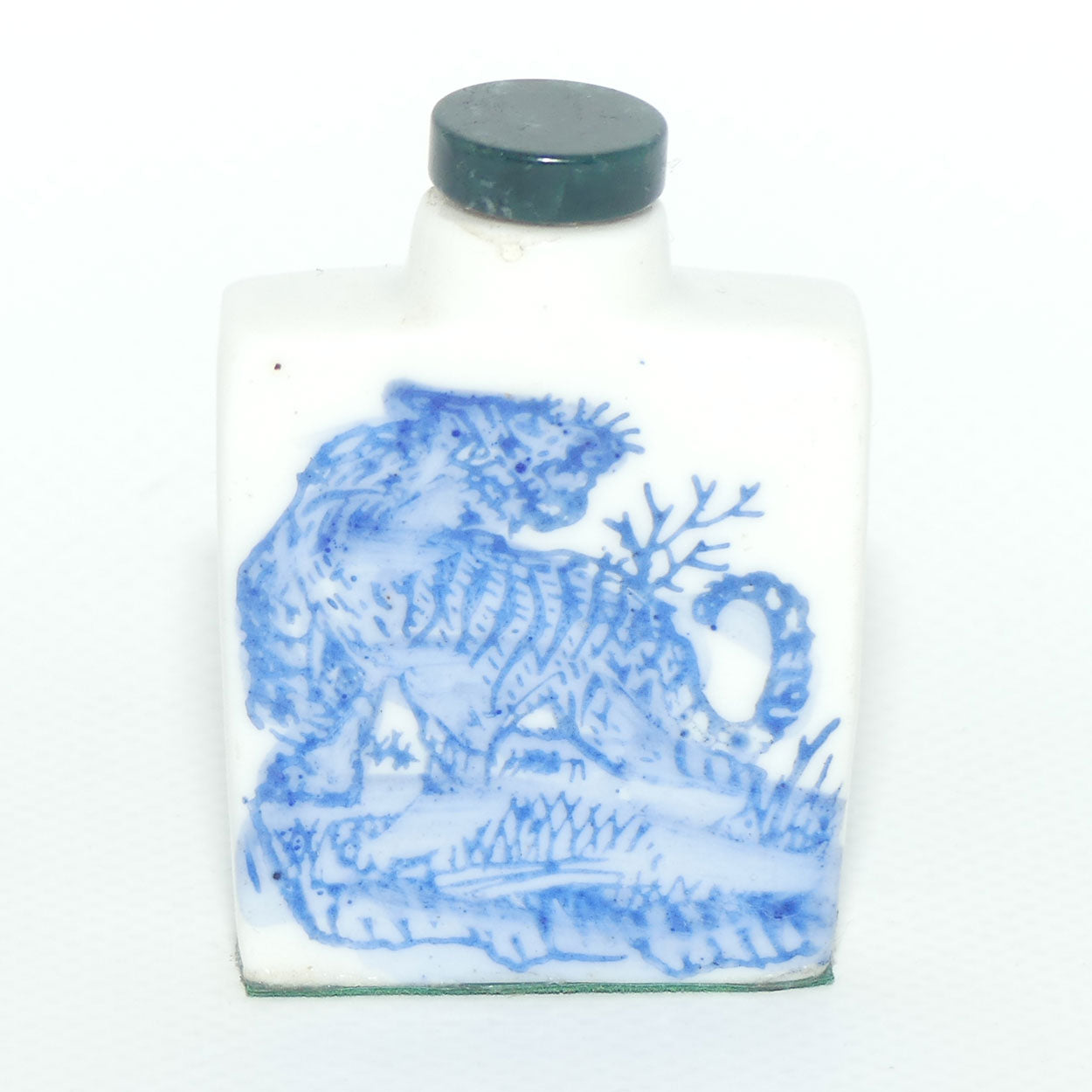 Chinese square shape snuff bottle with greenstone stopper | Tiger Scene