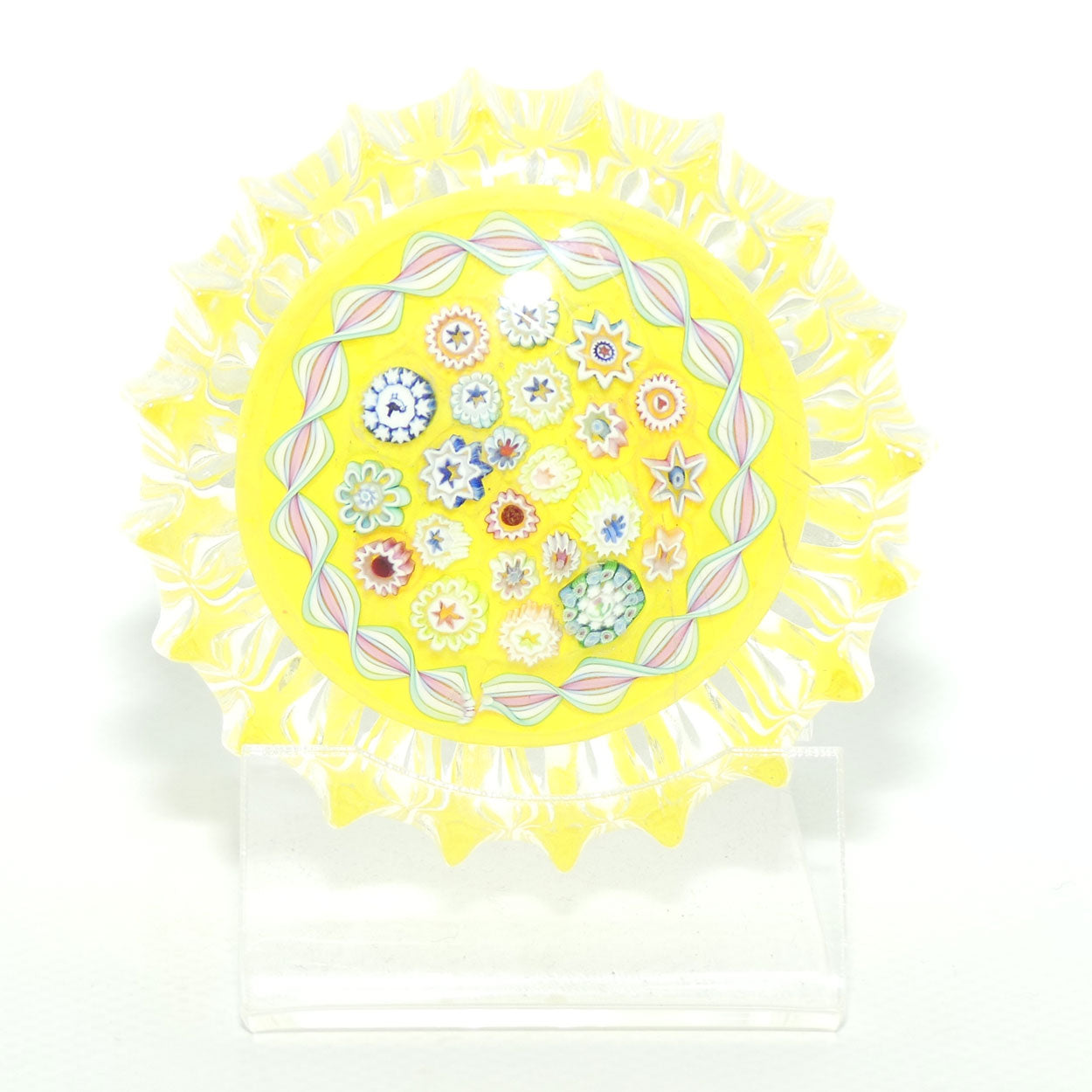 John Deacons Scotland Millefiori Closepack and Torsade Ribbed paperweight | Yellow