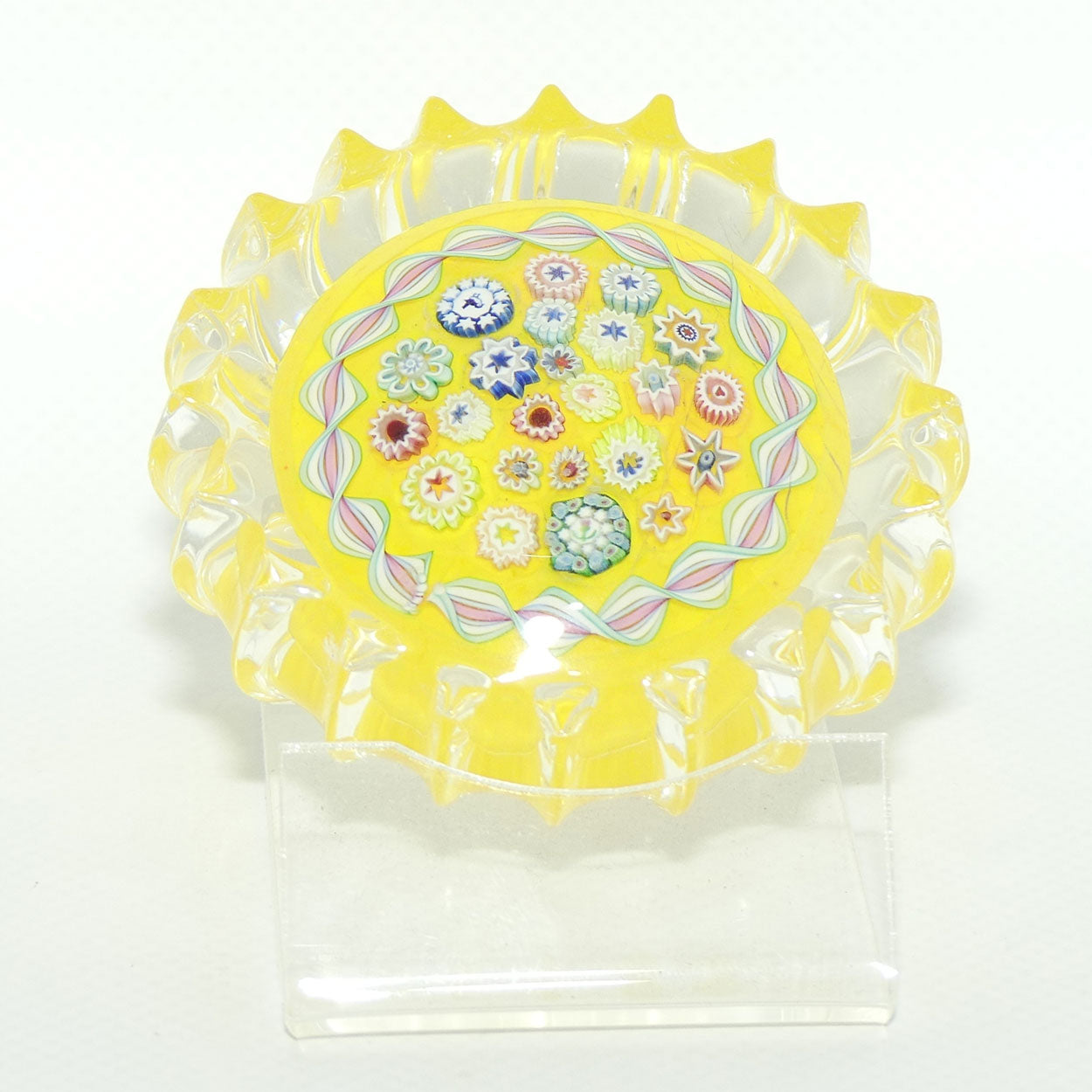 John Deacons Scotland Millefiori Closepack and Torsade Ribbed paperweight | Yellow