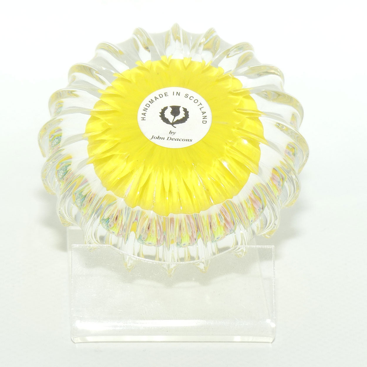 John Deacons Scotland Millefiori Closepack and Torsade Ribbed paperweight | Yellow
