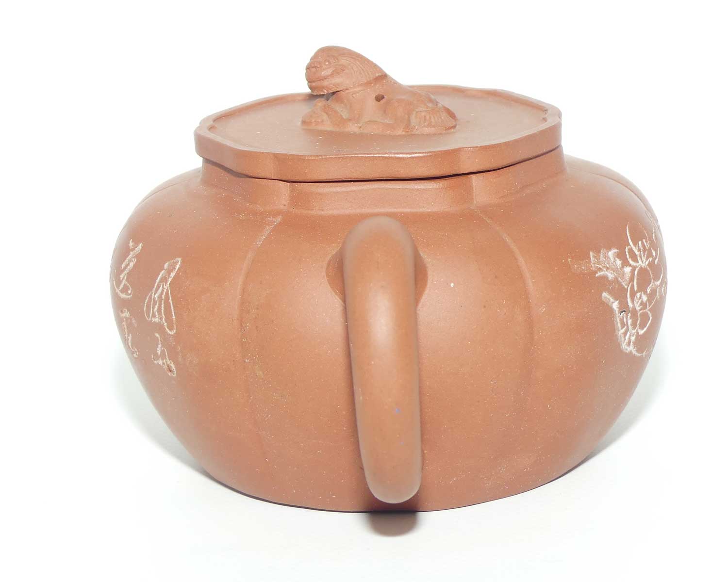 Chinese Yixing | Zisha tea pot with inscribed decoration and Dog of Fo finial