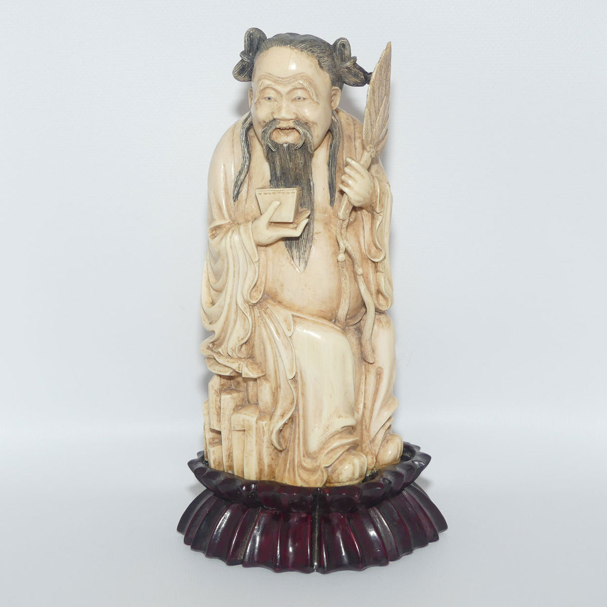 Exceptional Carved Ivory figure on Rosewood base depicting Immortal Zhongli Quan