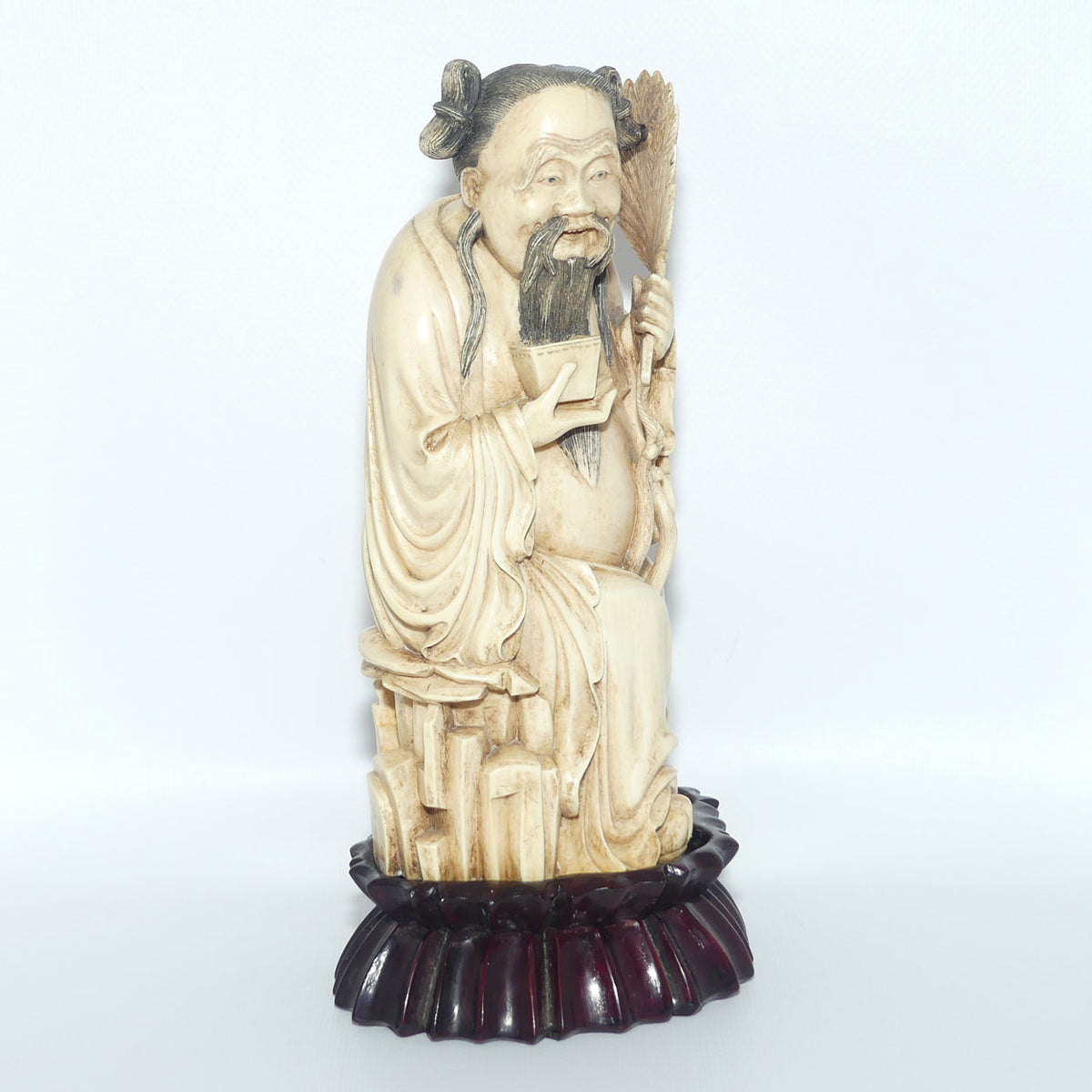 Exceptional Carved Ivory figure on Rosewood base depicting Immortal Zhongli Quan