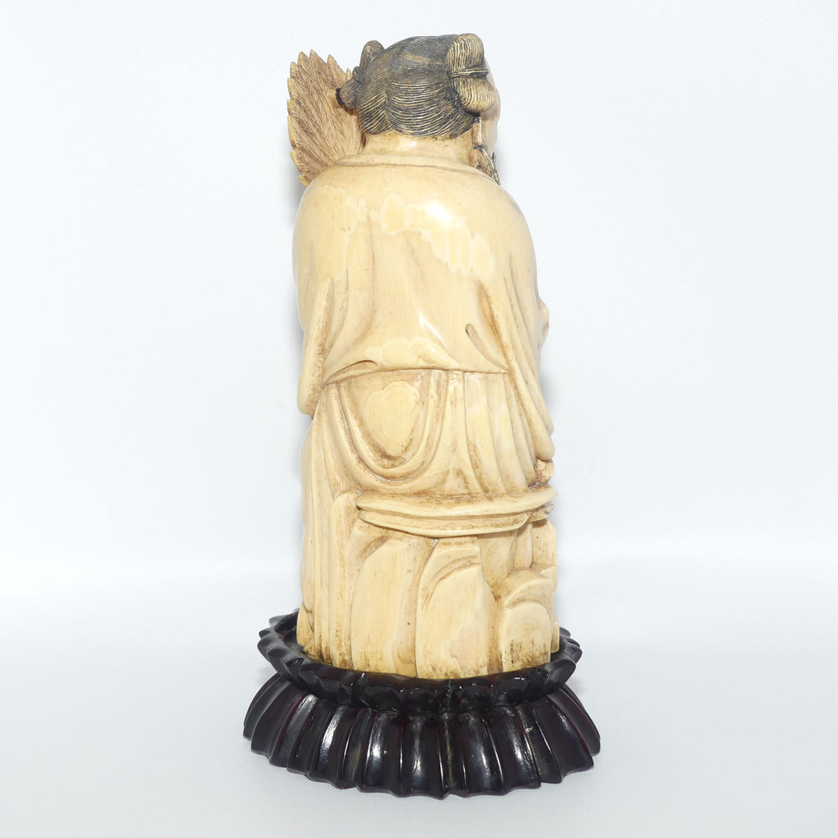 Exceptional Carved Ivory figure on Rosewood base depicting Immortal Zhongli Quan