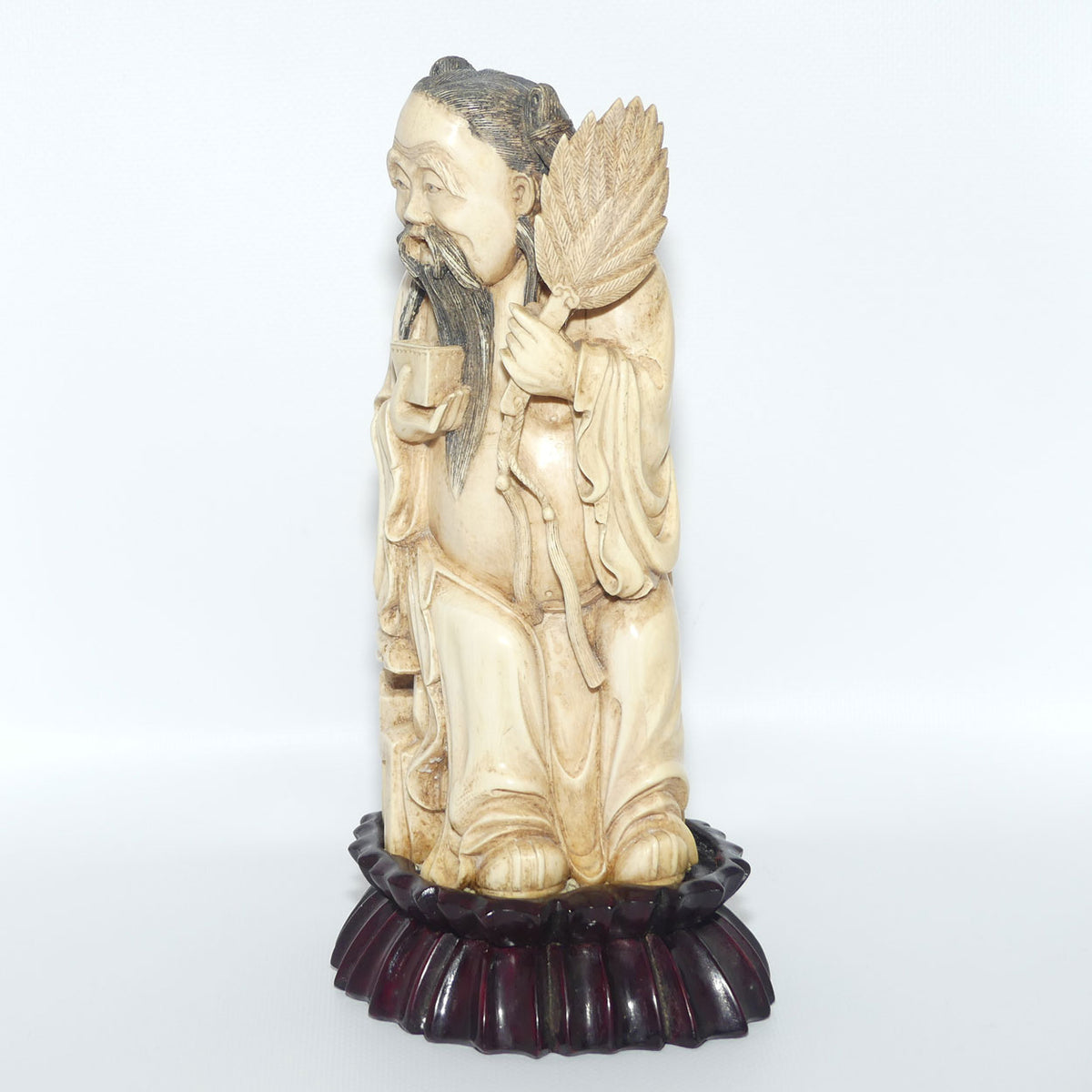 Exceptional Carved Ivory figure on Rosewood base depicting Immortal Zhongli Quan