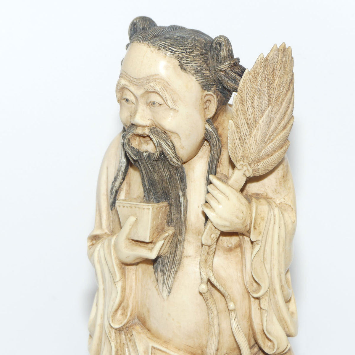 Exceptional Carved Ivory figure on Rosewood base depicting Immortal Zhongli Quan