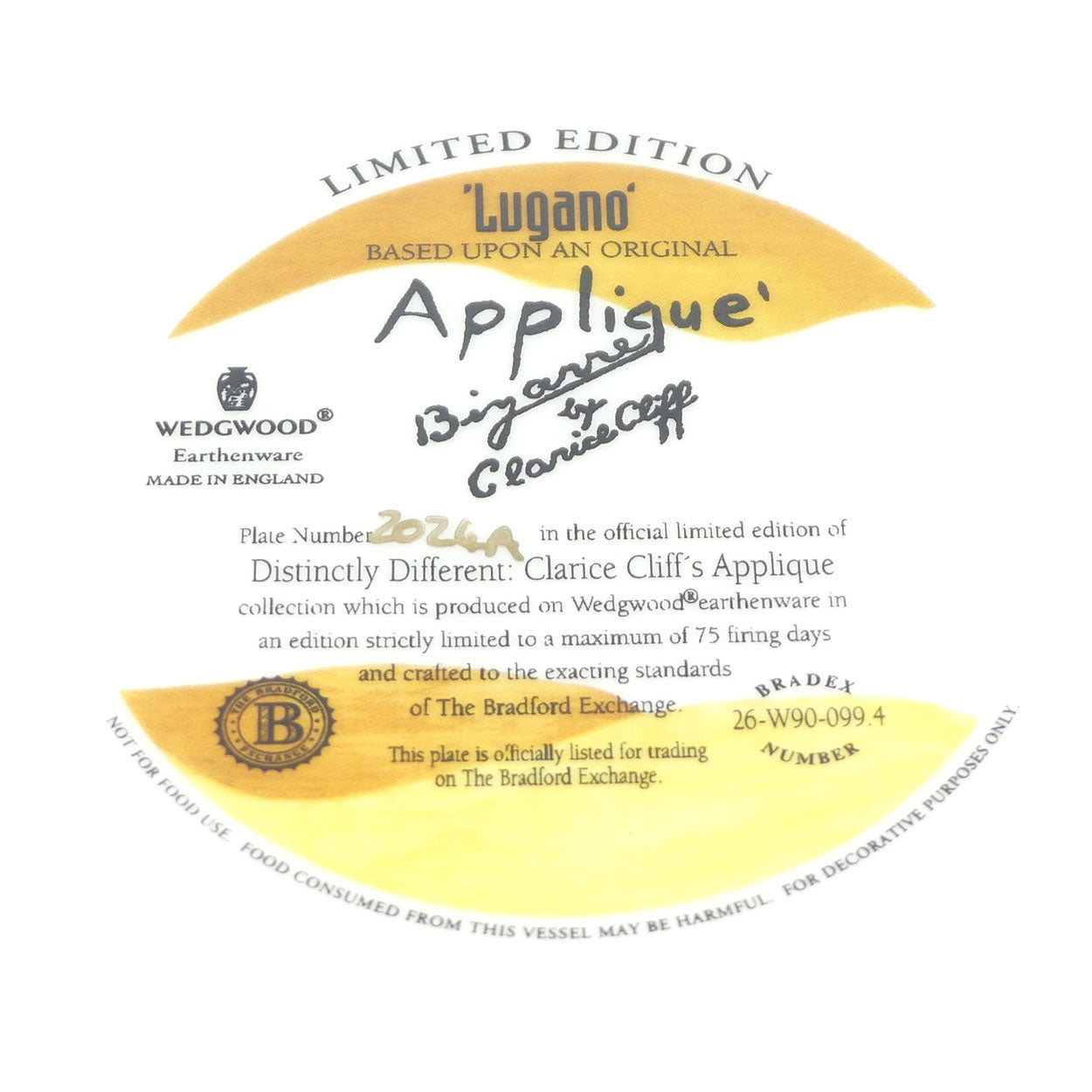 Basestamp | Bradex 26 W90 099.4 | Wedgwood Distinctly Different Clarice Cliff's Applique Lugano plate