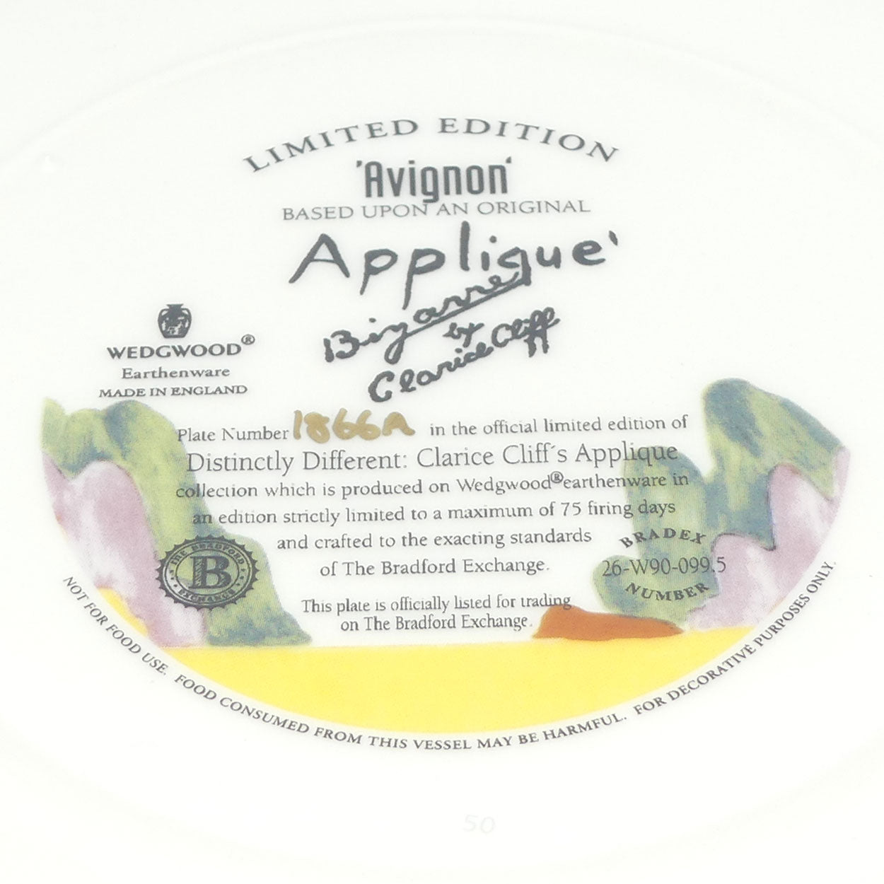 Backstamp | Bradex 26 W90 099.5 | Wedgwood Distinctly Different Clarice Cliff's Applique Avignon plate