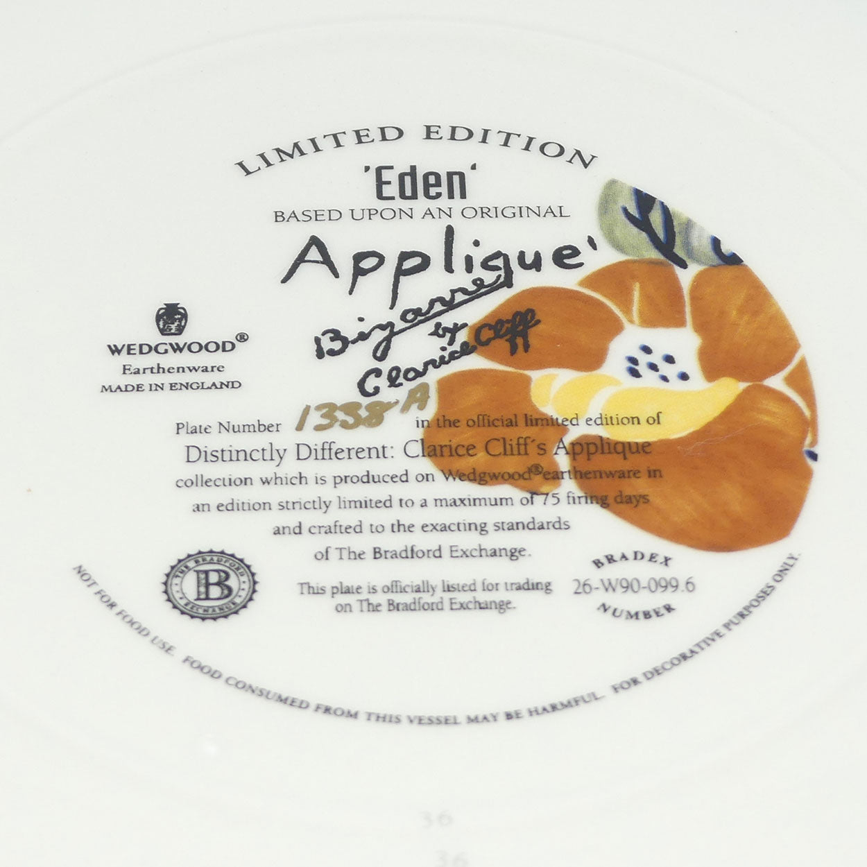 Backstamp | Bradex 26 W90 099.6 | Wedgwood Distinctly Different Clarice Cliff's Applique | Eden plate