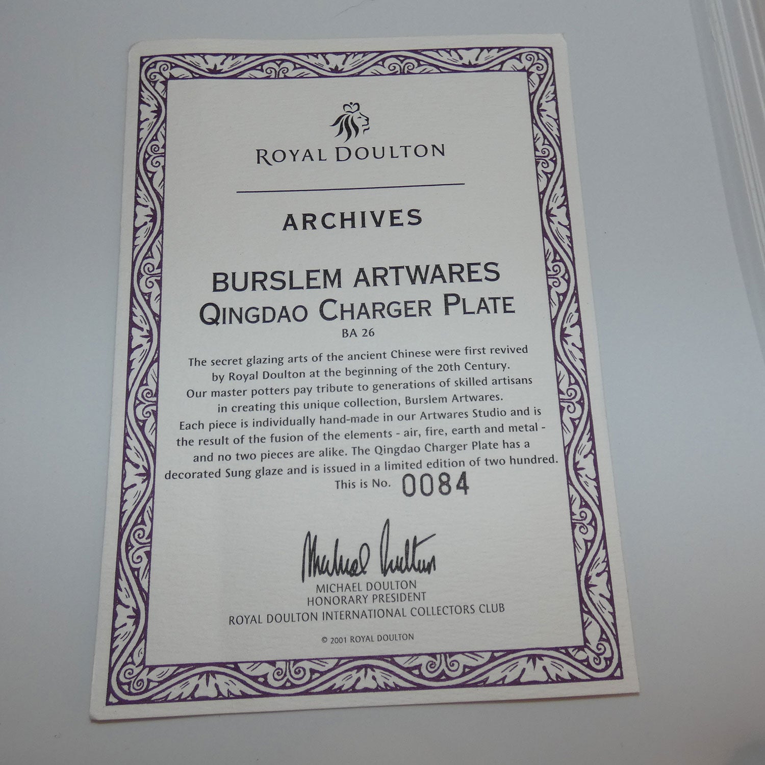 BA26 Royal Doulton Flambe Burslem Artwares Qingdao Charger plate ( box + cert)