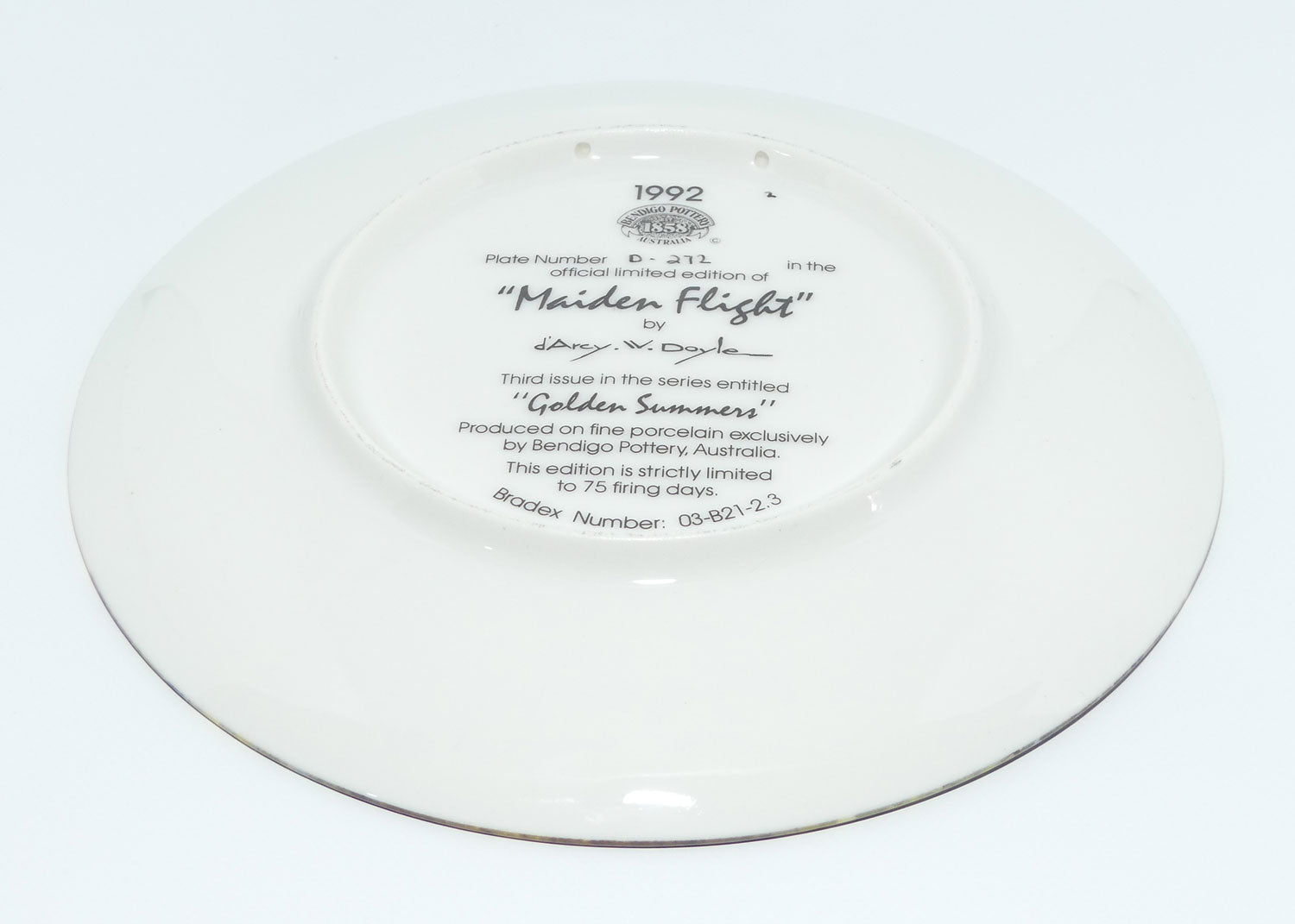 Bradex 03 B21 2.03 plate | Bendigo Pottery | Darcy W Doyle | Golden Summers | Maiden Flight