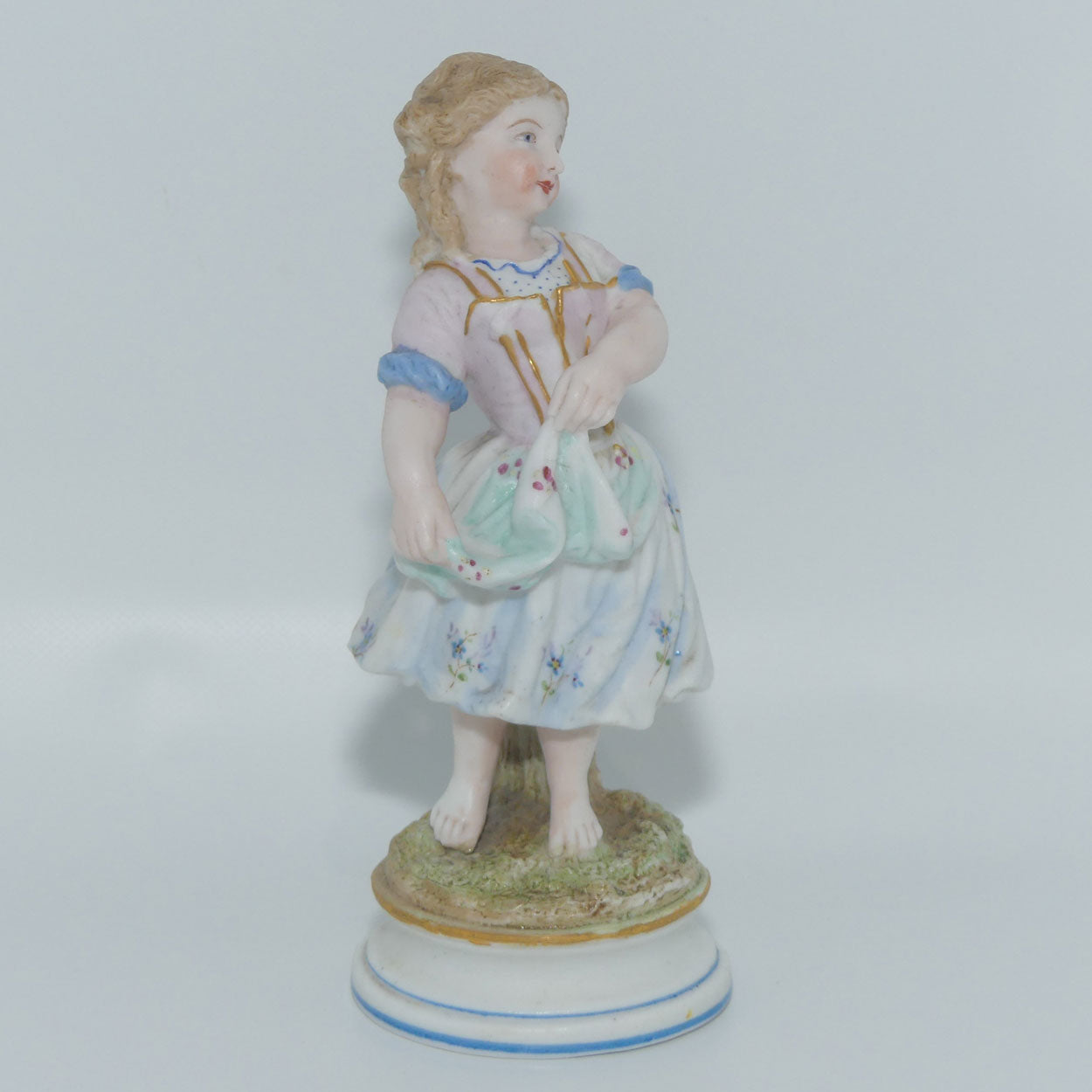 German Bisque Girl with Floral decorated dress and Gilt Decor c.1900