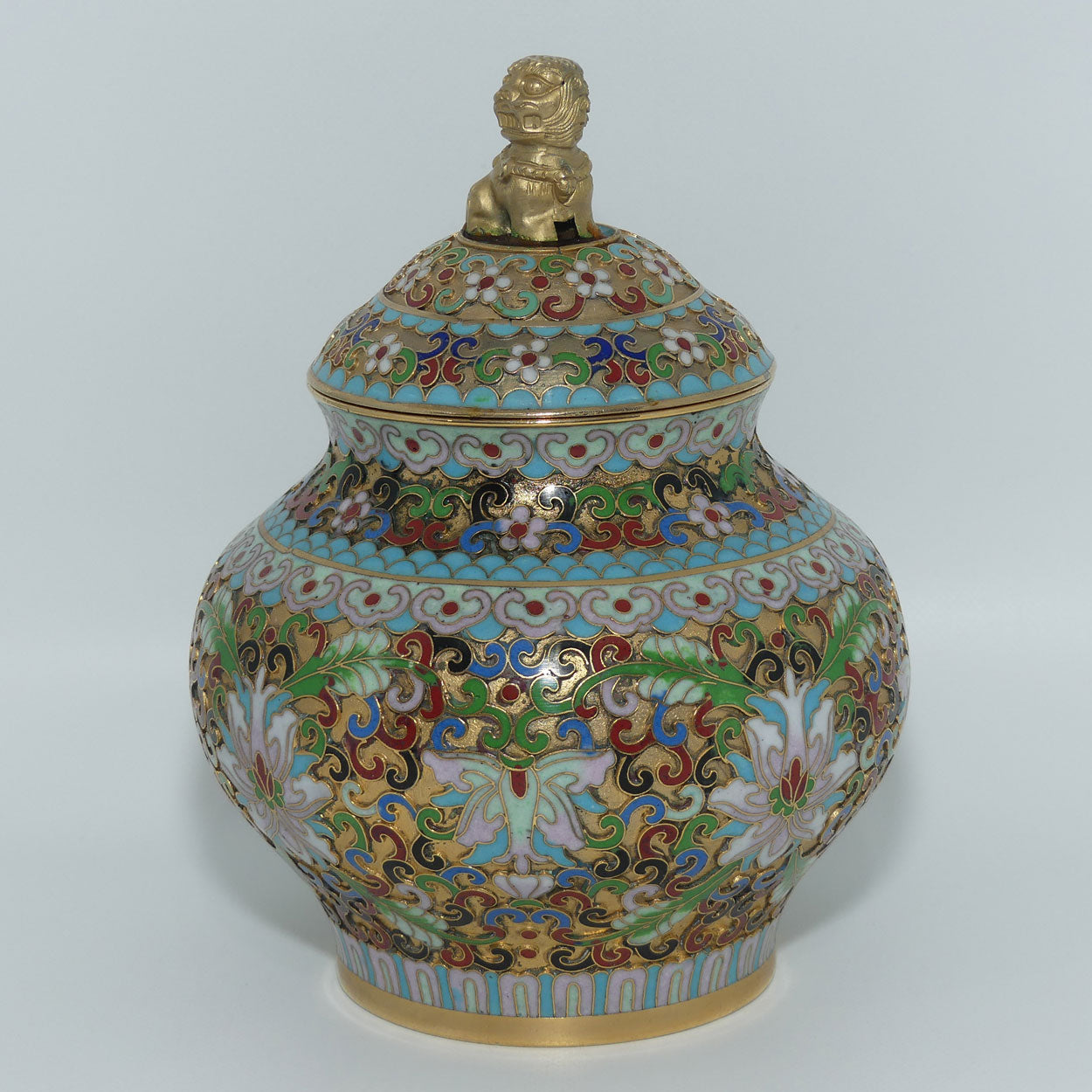 Mid Century Cloisonne on Brass Lidded Pot | Temple Dog Finial