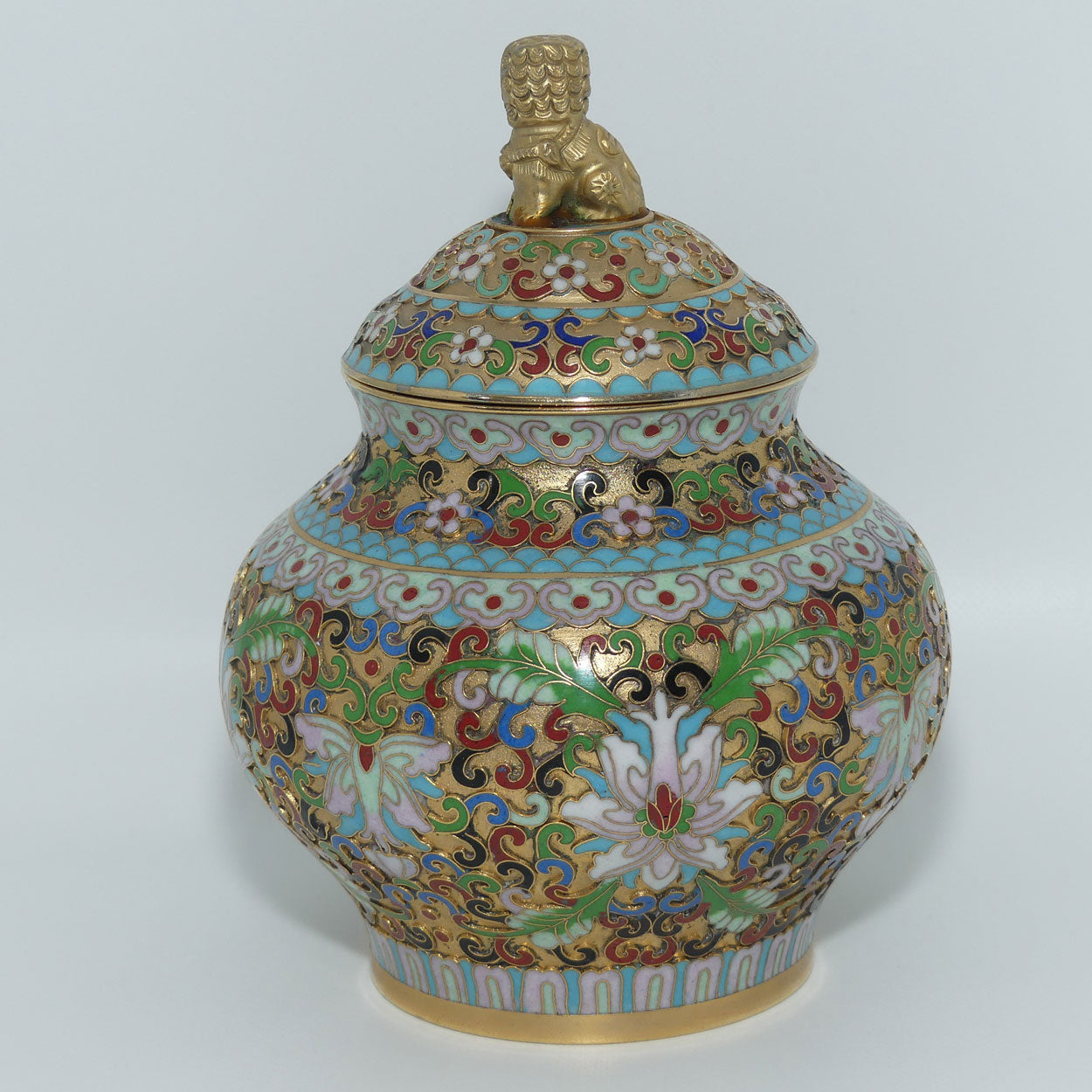 Mid Century Cloisonne on Brass Lidded Pot | Temple Dog Finiall