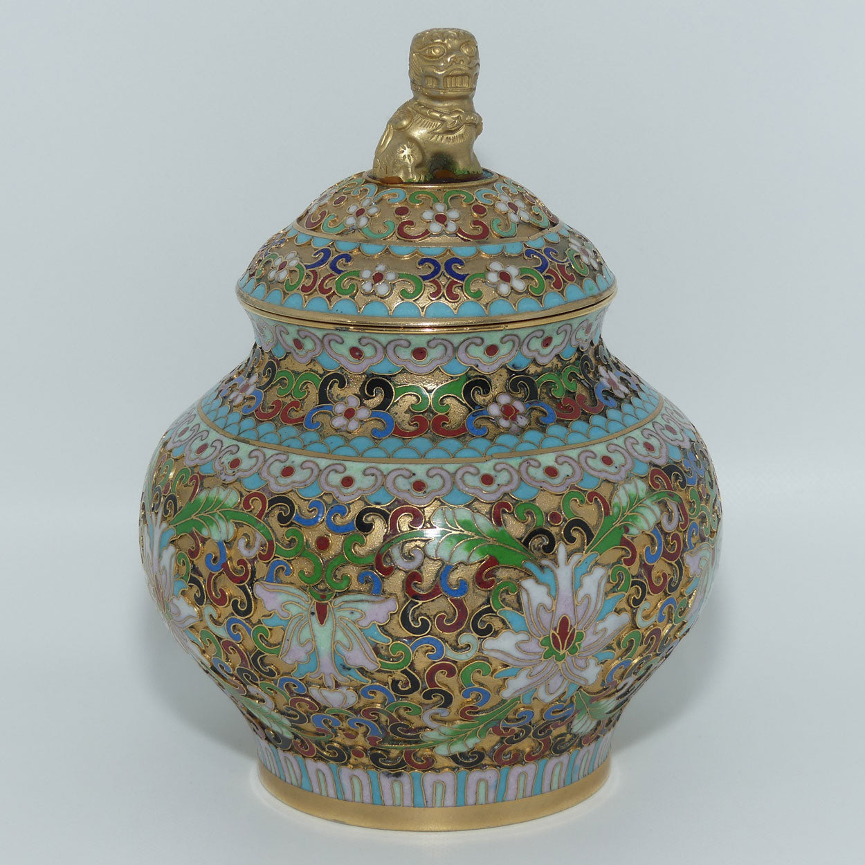 Mid Century Cloisonne on Brass Lidded Pot | Temple Dog Finial