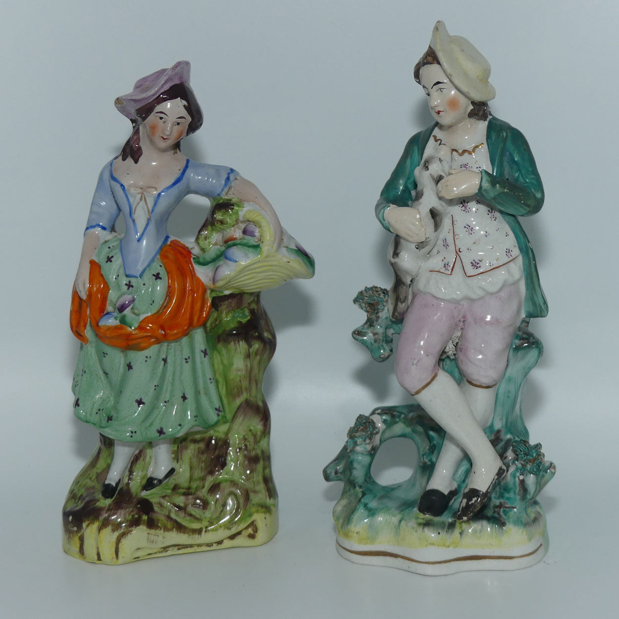 19th Cent Staffordshire Pottery Pair of Flatback Figures | Man with Dog | Lady with Basket