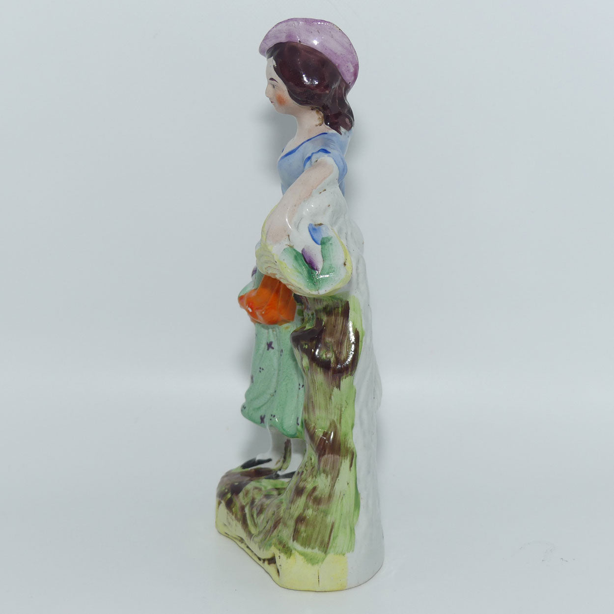19th Cent Staffordshire Pottery Pair of Flatback Figures | Man with Dog | Lady with Basket