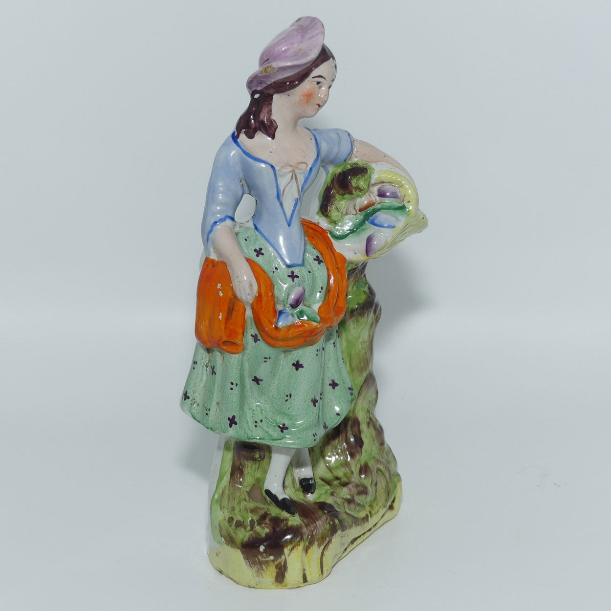 19th Cent Staffordshire Pottery Pair of Flatback Figures | Man with Dog | Lady with Basket