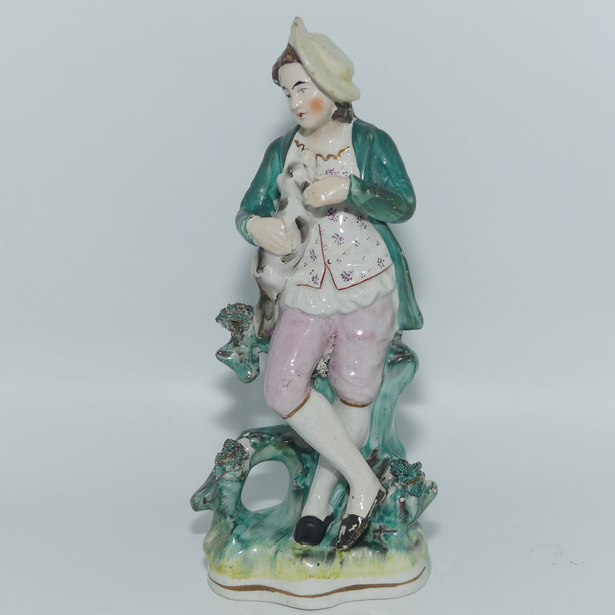 19th Cent Staffordshire Pottery Pair of Flatback Figures | Man with Dog | Lady with Basket