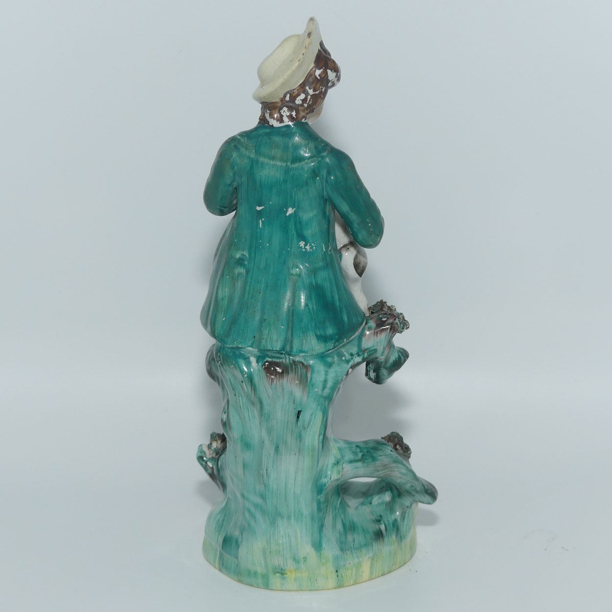 19th Cent Staffordshire Pottery Pair of Flatback Figures | Man with Dog | Lady with Basket