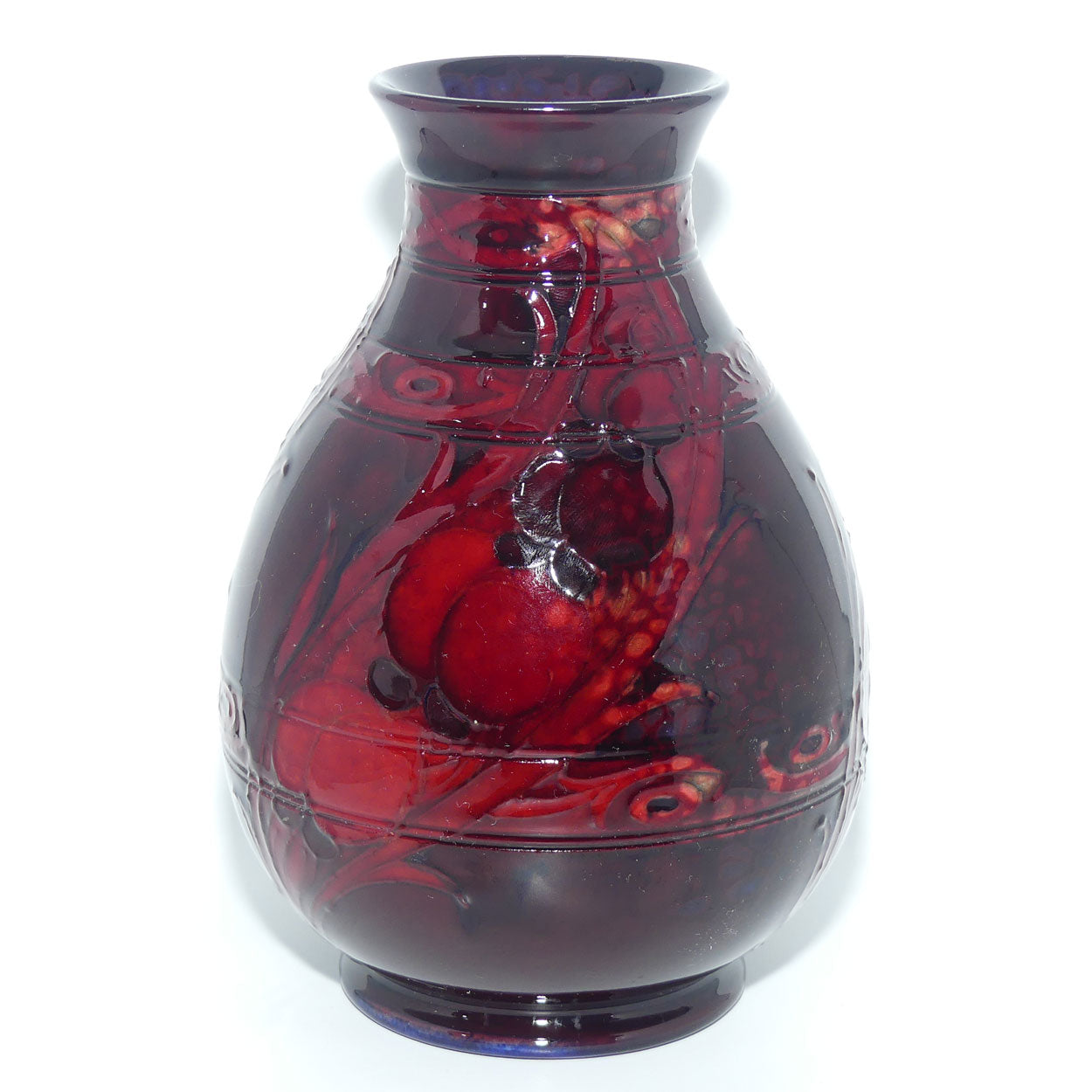 William Moorcroft Wisteria and Peacock Feather vase | Shape 7 | Horizontal Bands | Flambe Glaze