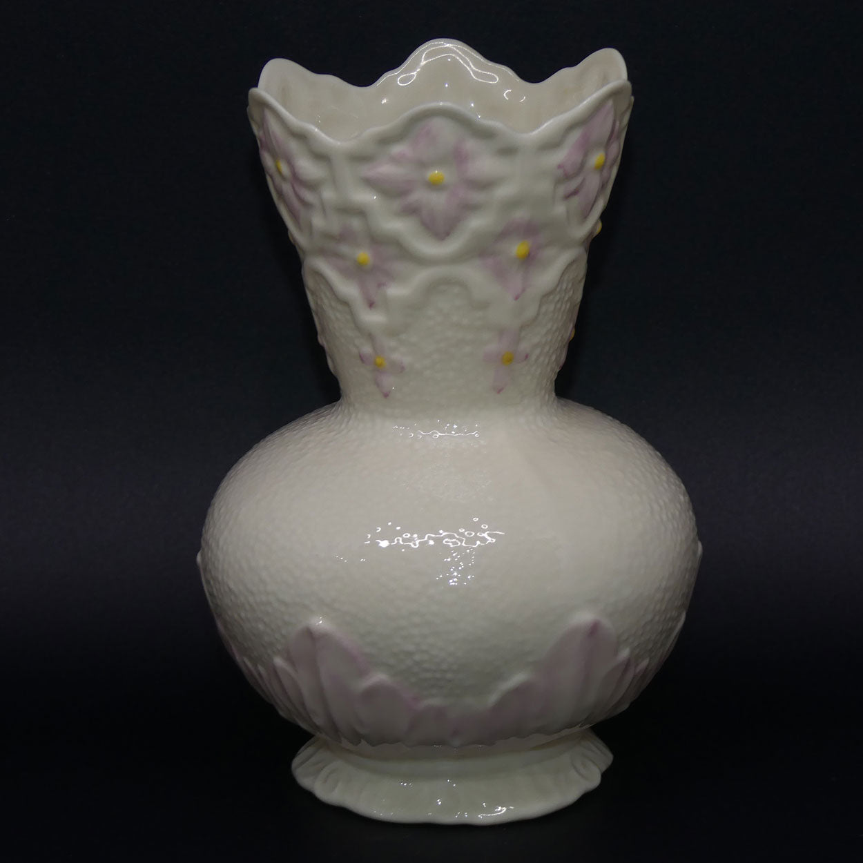 belleek-embossed-floral-pattern-vase-gold-mark