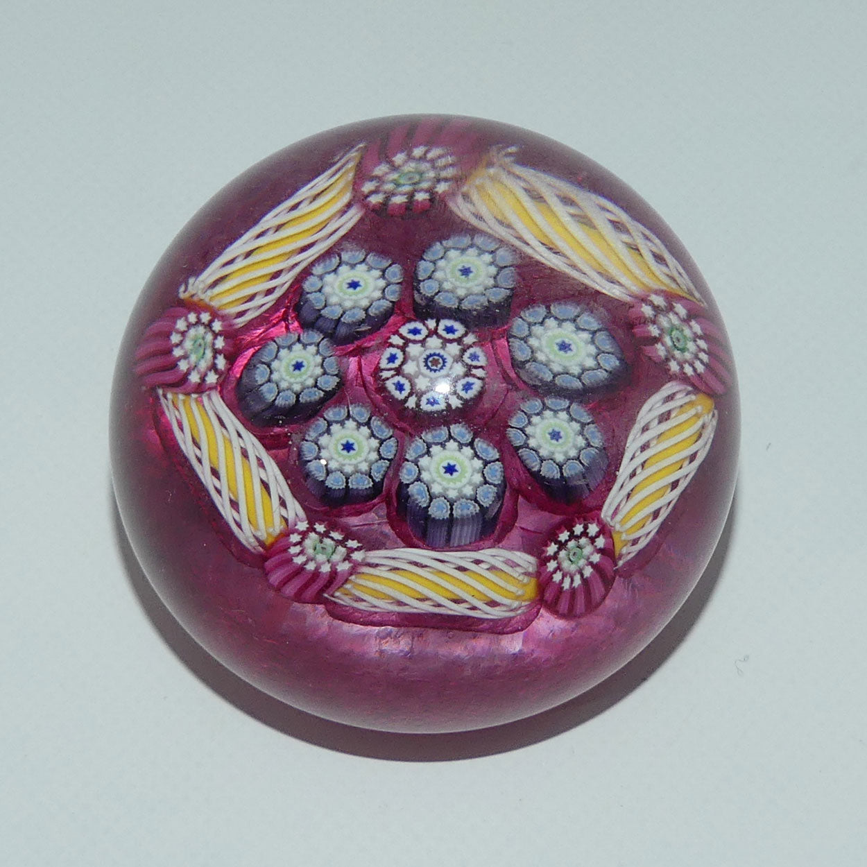 john-deacons-scotland-complex-latticino-garland-miniature-paperweight-cranberry