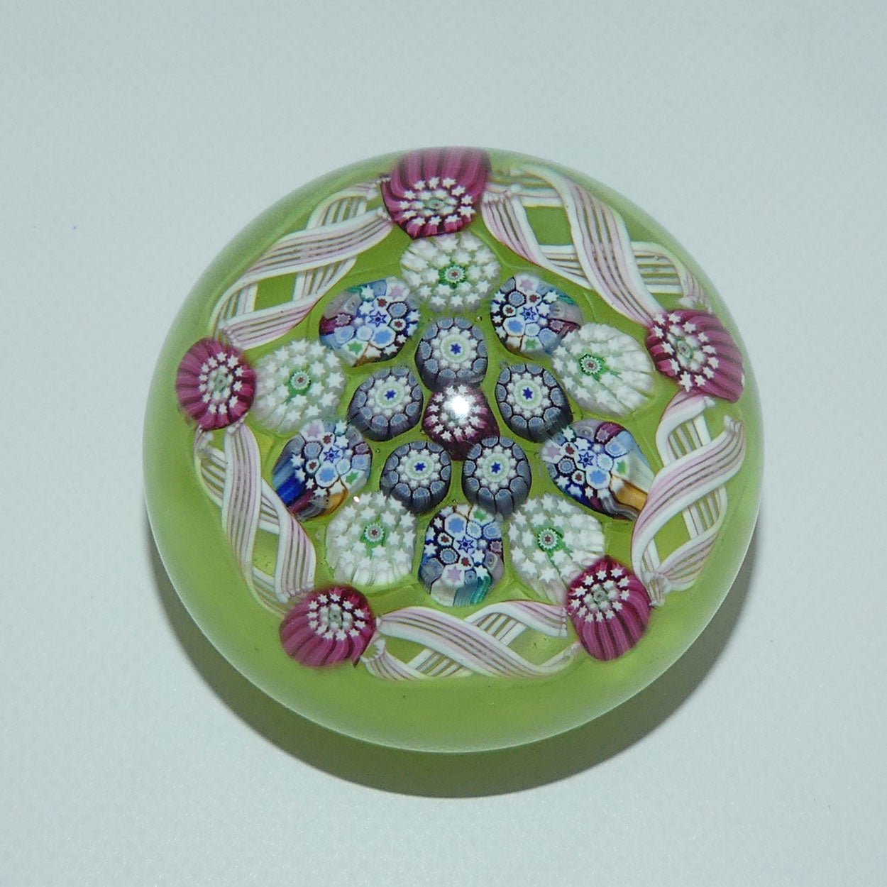 john-deacons-scotland-complex-latticino-garland-miniature-paperweight-pear