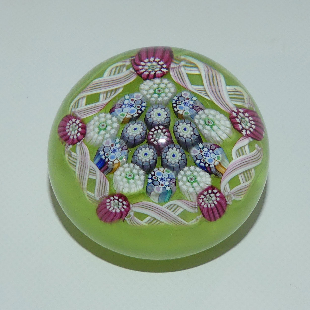 john-deacons-scotland-complex-latticino-garland-miniature-paperweight-pear