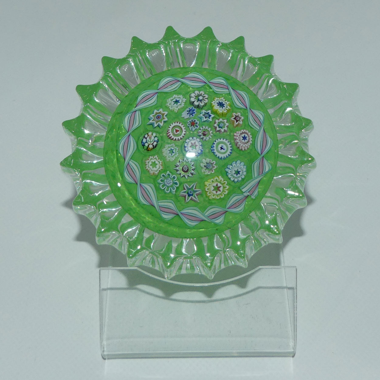 john-deacons-scotland-millefiori-closepack-and-torsade-ribbed-paperweight-lime