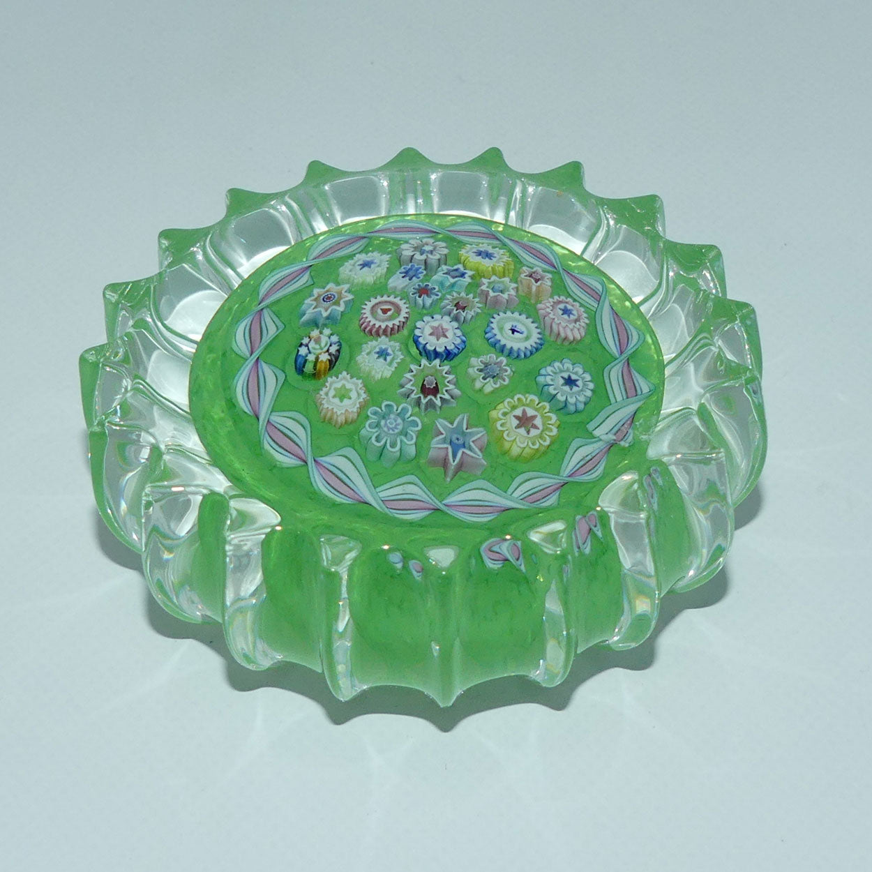 john-deacons-scotland-millefiori-closepack-and-torsade-ribbed-paperweight-lime