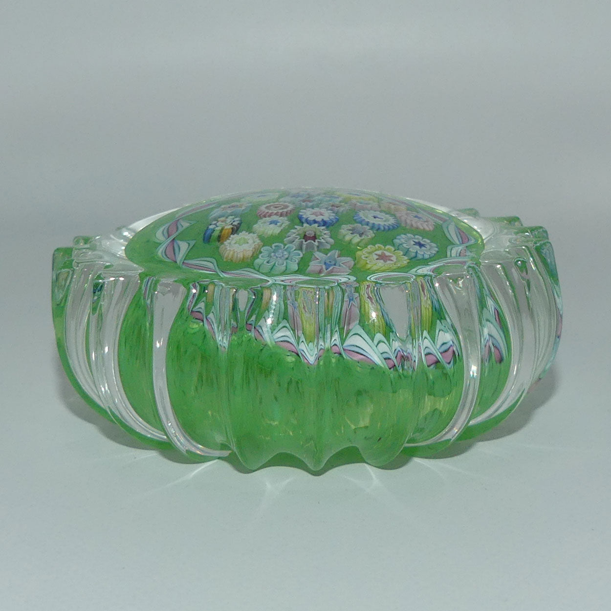 john-deacons-scotland-millefiori-closepack-and-torsade-ribbed-paperweight-lime