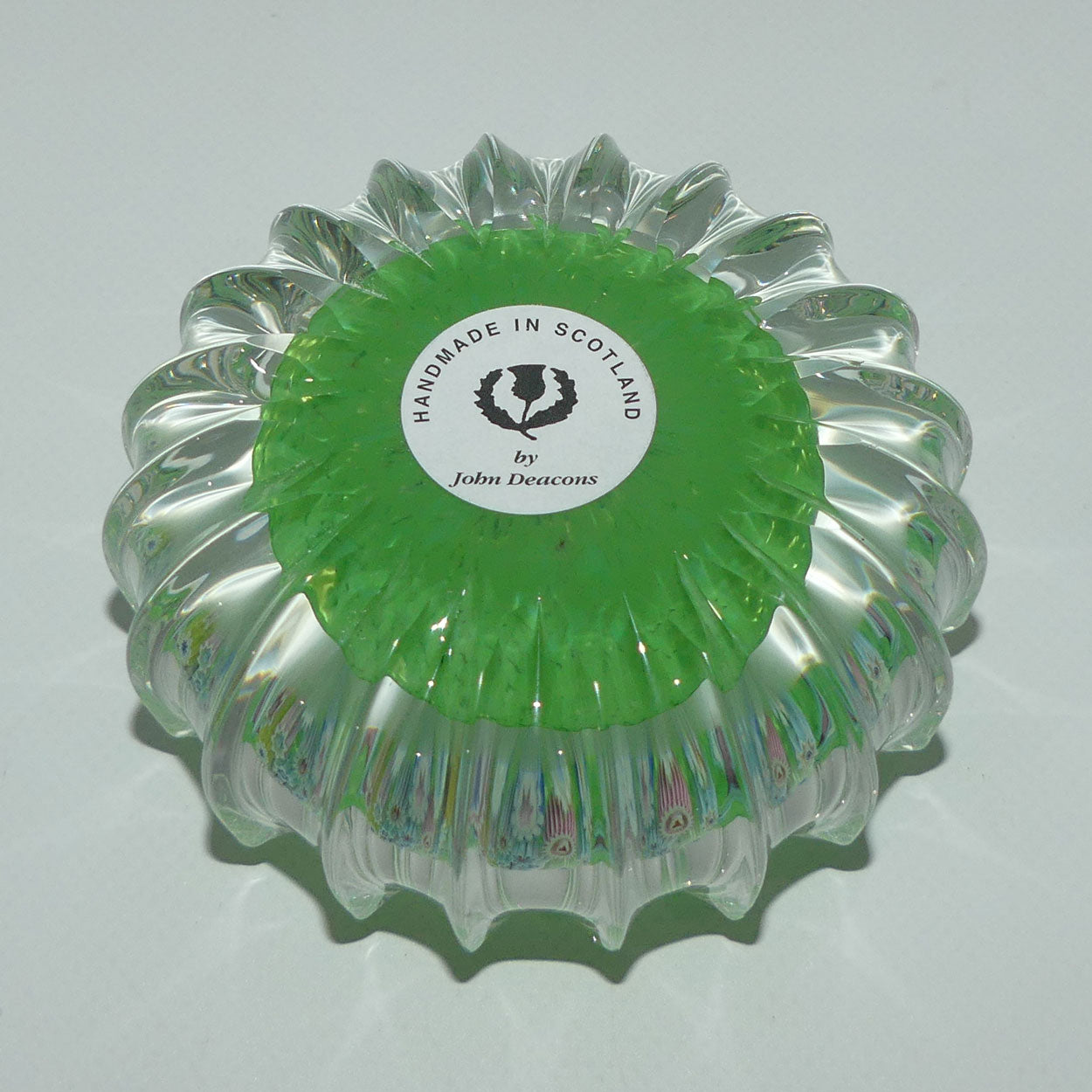 john-deacons-scotland-millefiori-closepack-and-torsade-ribbed-paperweight-lime
