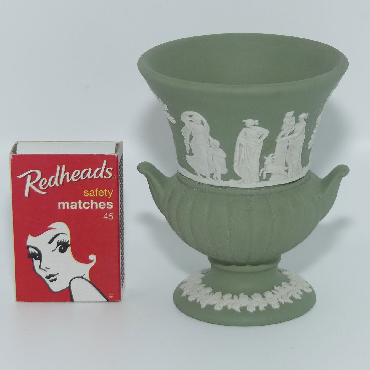 Wedgwood Jasper | White on Sage Green | Maidens mini Urn Vase