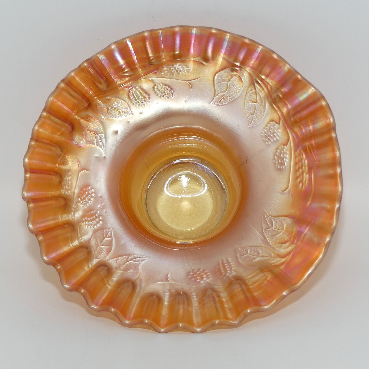 marigold-carnival-glass-fluted-edge-bowl-grape-and-leaf