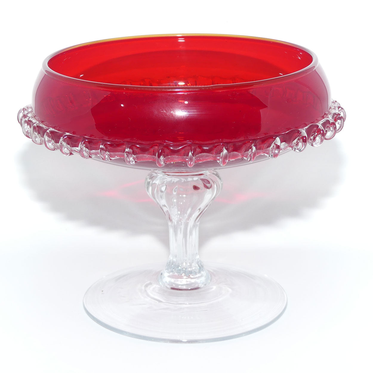 Mid Century Ruby Glass Comport with applied clear rigaree