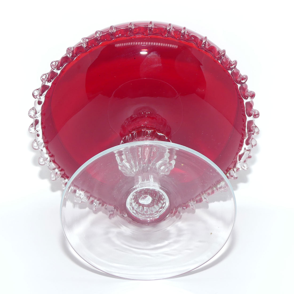 Mid Century Ruby Glass Comport with applied clear rigaree