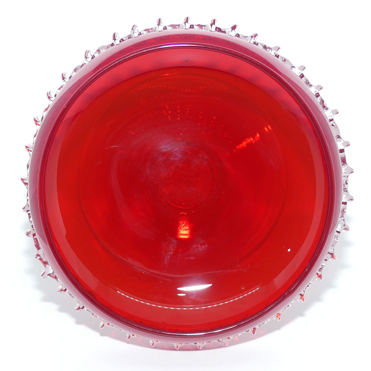 Mid Century Ruby Glass Comport with applied clear rigaree
