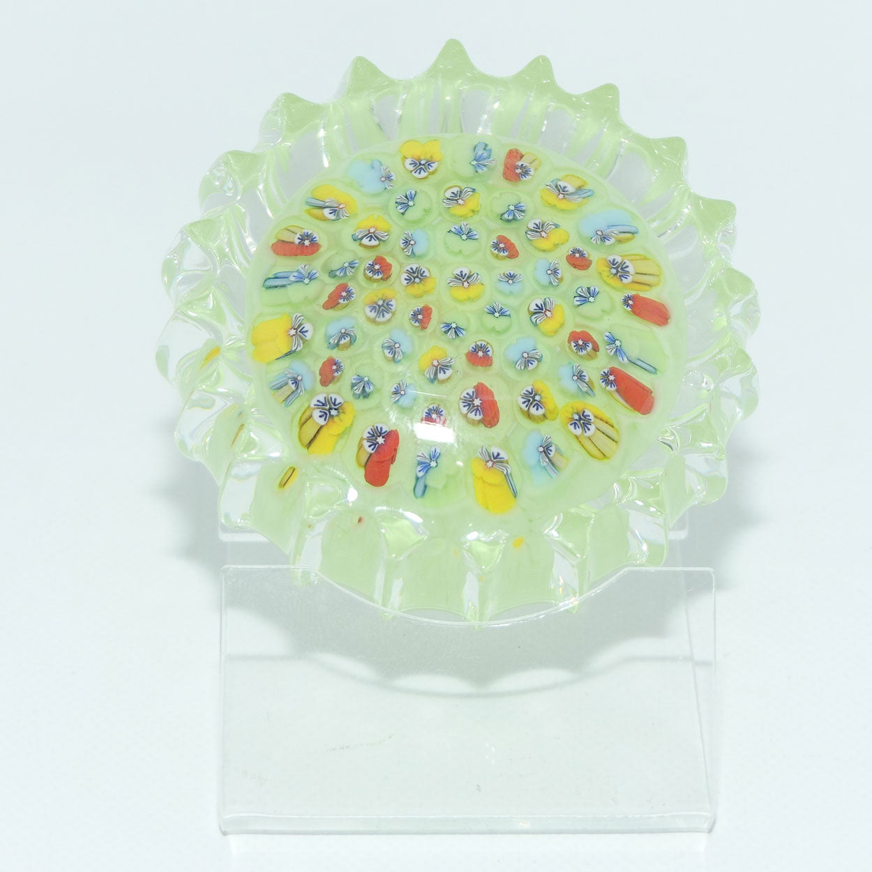 john-deacons-scotland-millefiori-pansy-paperweight-milky-lime-ribbed