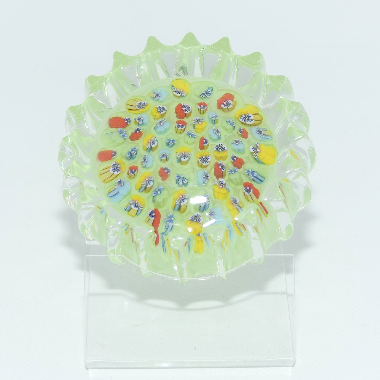 john-deacons-scotland-millefiori-pansy-paperweight-milky-lime-ribbed