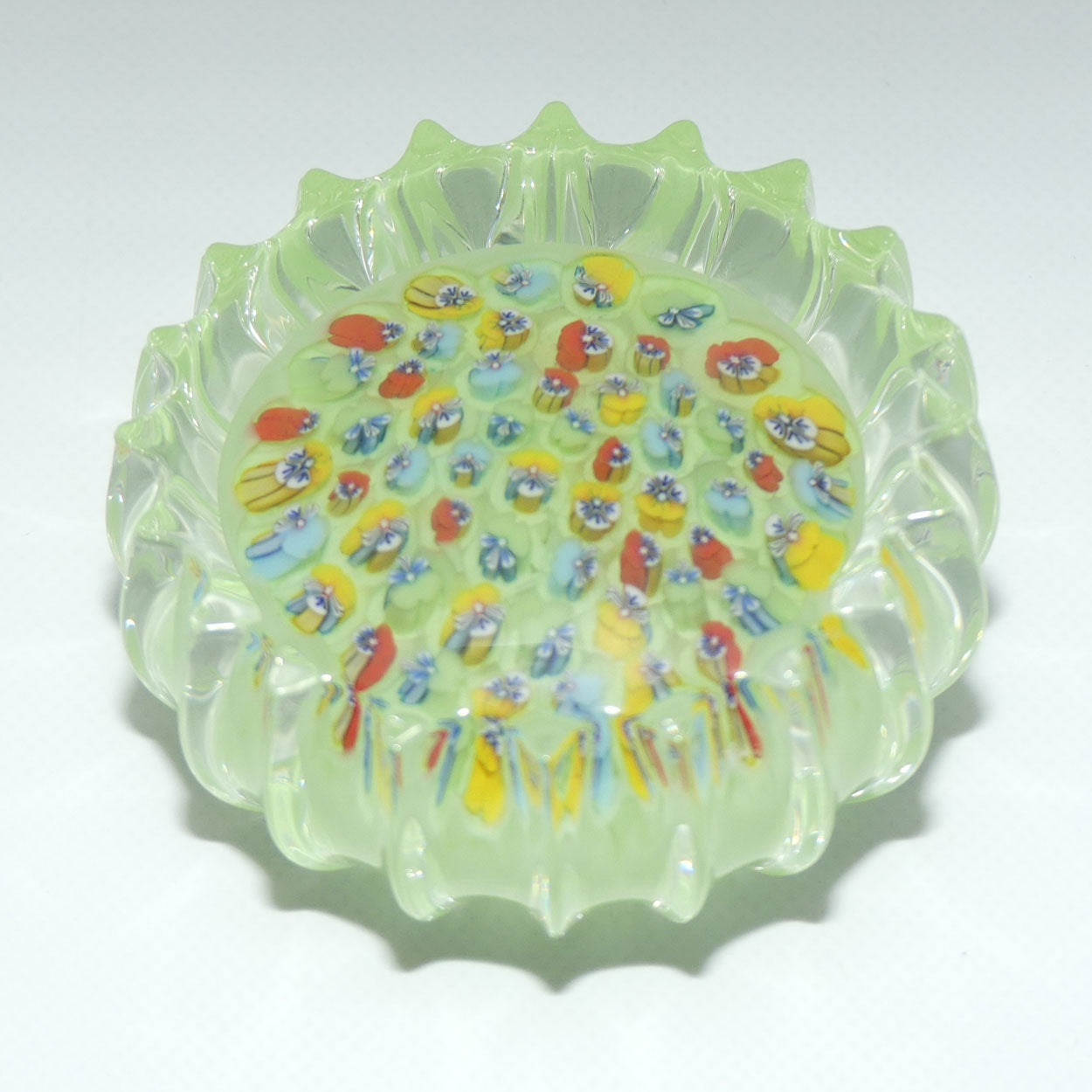 john-deacons-scotland-millefiori-pansy-paperweight-milky-lime-ribbed