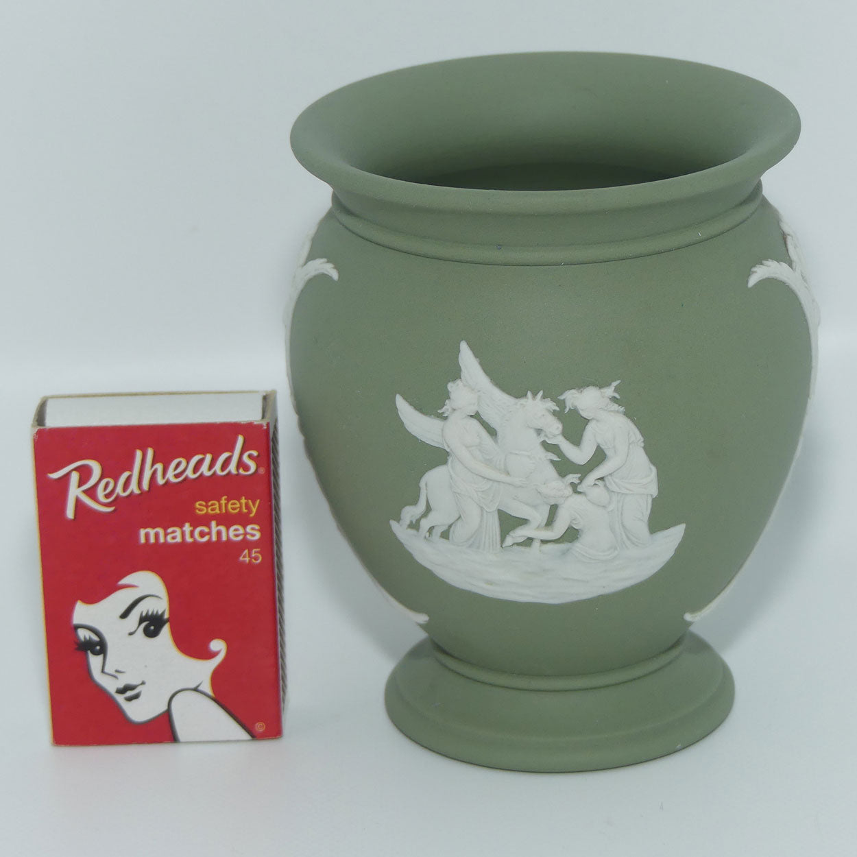 Wedgwood Jasper | White on Sage Green | Grecian Maidens and Pegasus vase