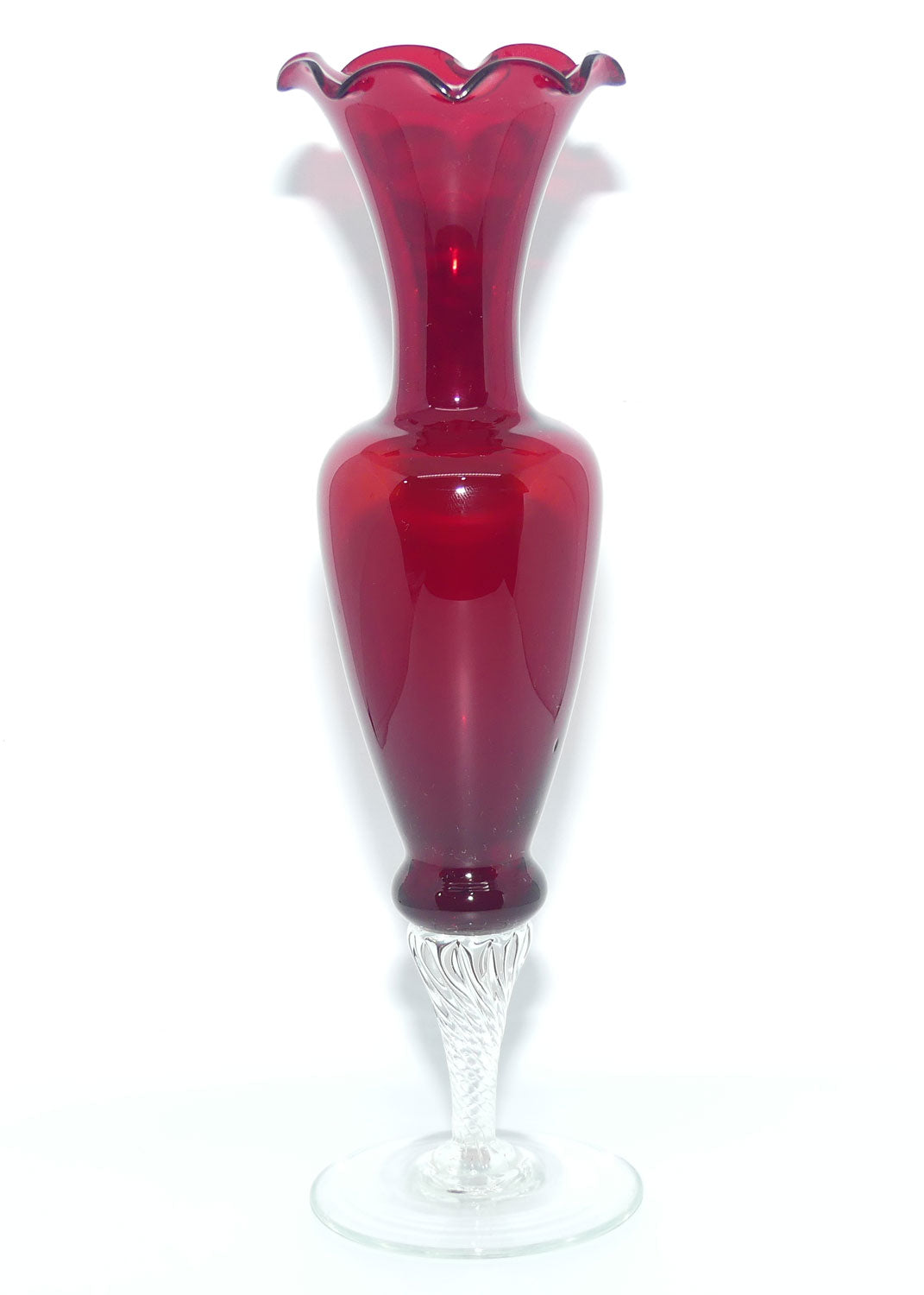 Mid Century Ruby Glass fluted rim bud vase with clear twist stem