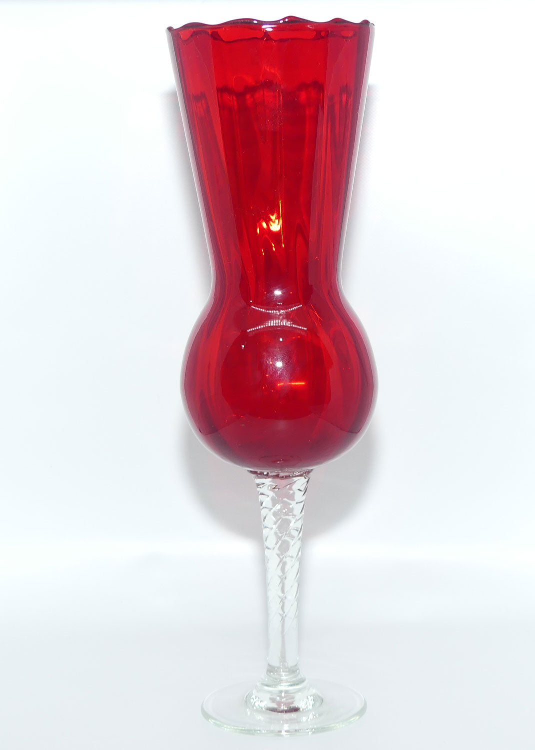 Mid Century Ruby Glass thistle shape vase with clear twist stem